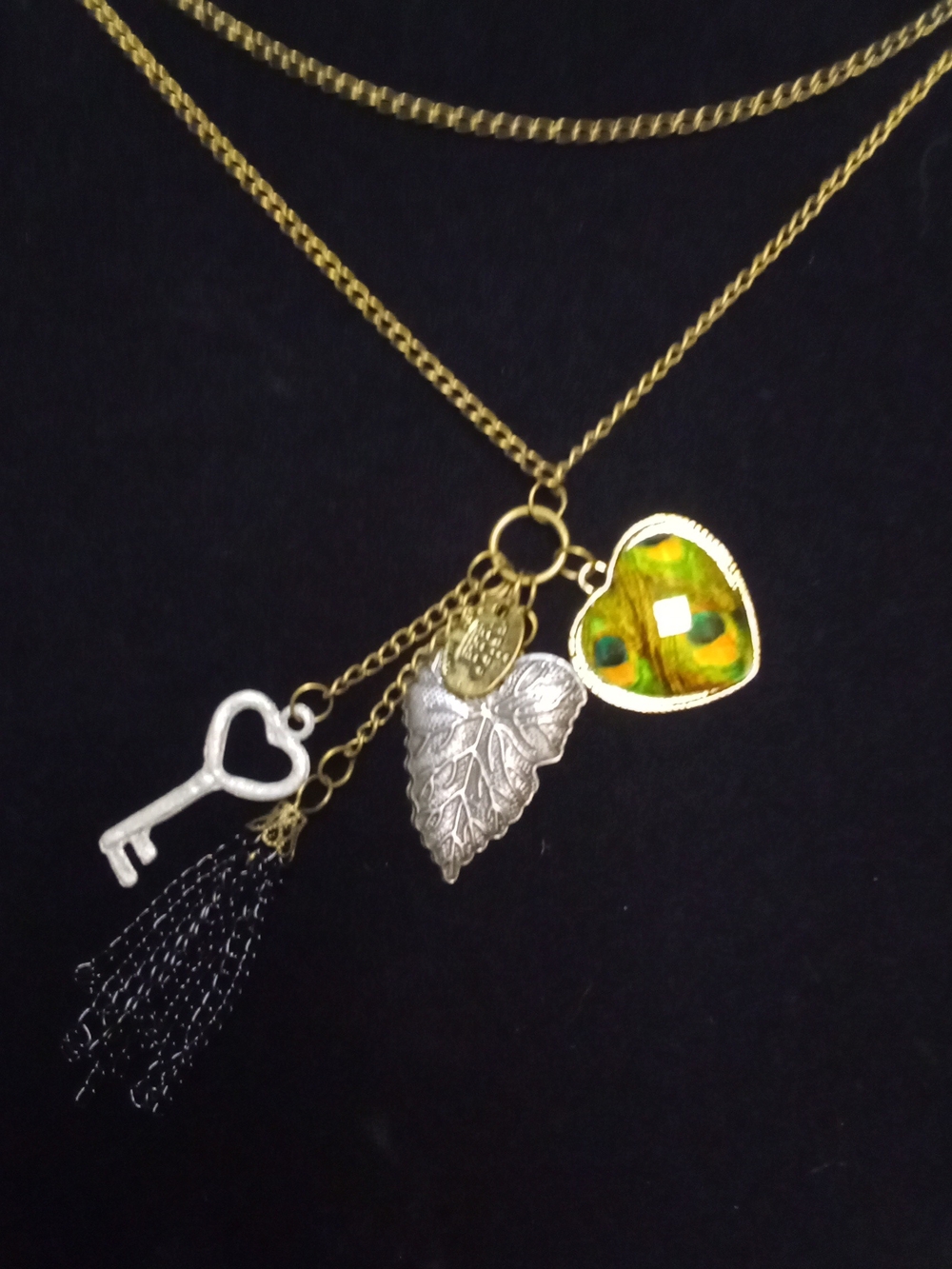 Vintage Signed Tutti Frutti Peacock, Heart, Key, & Leaf Charm Necklace